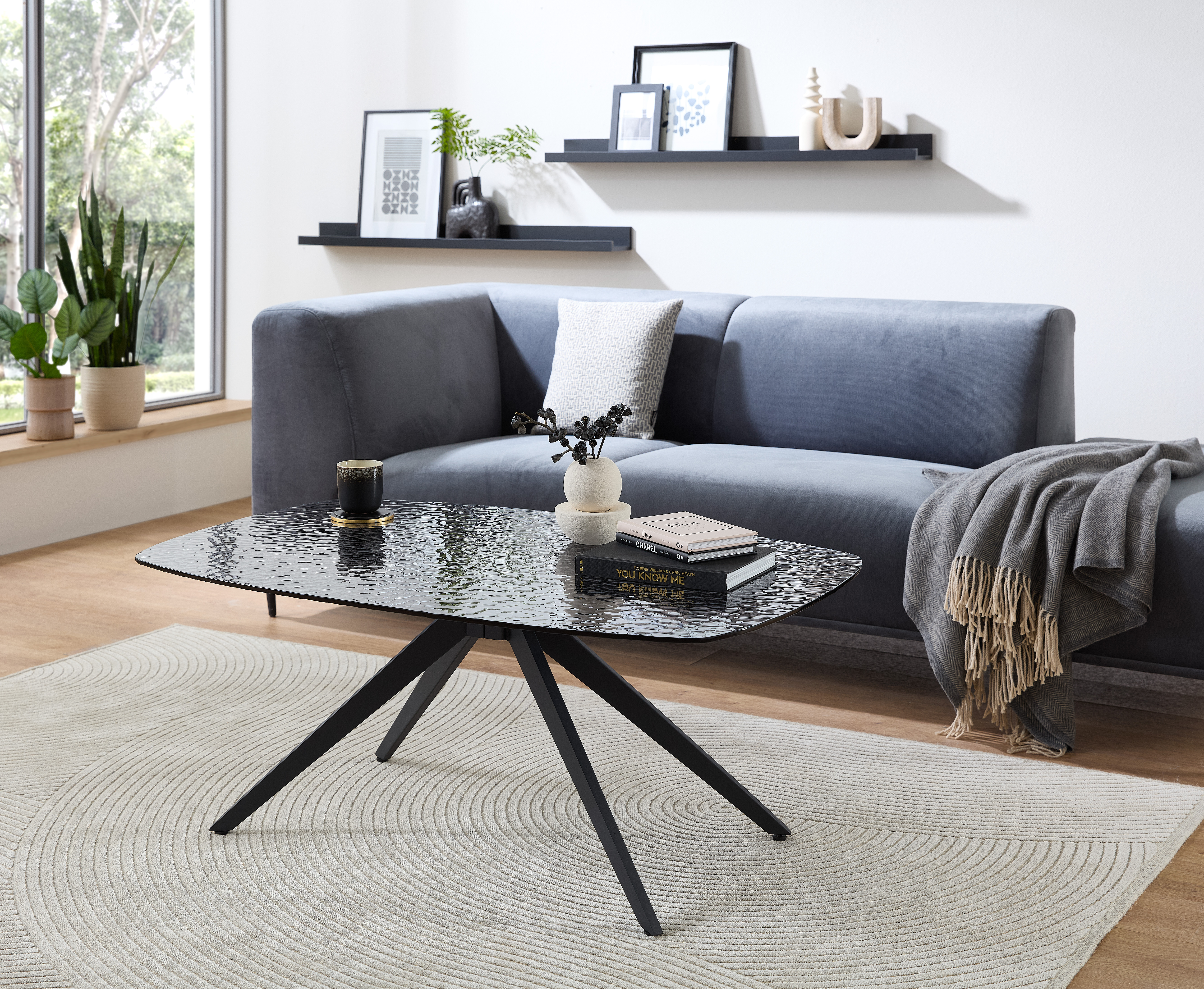 Stolkom Couchtisch ELIAS ca. B110 H44 T70 cm in Glas schwarz/Met.schwarz