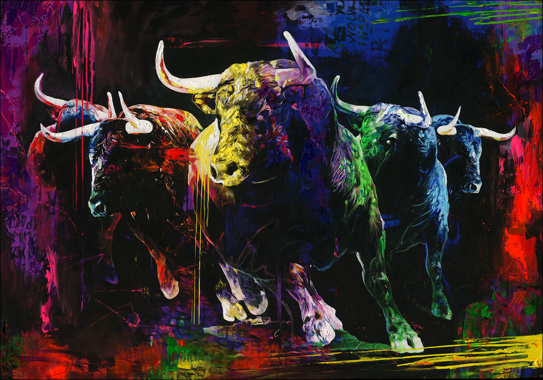 ProArt Handpainting 100x70cm Colourful Bulls III