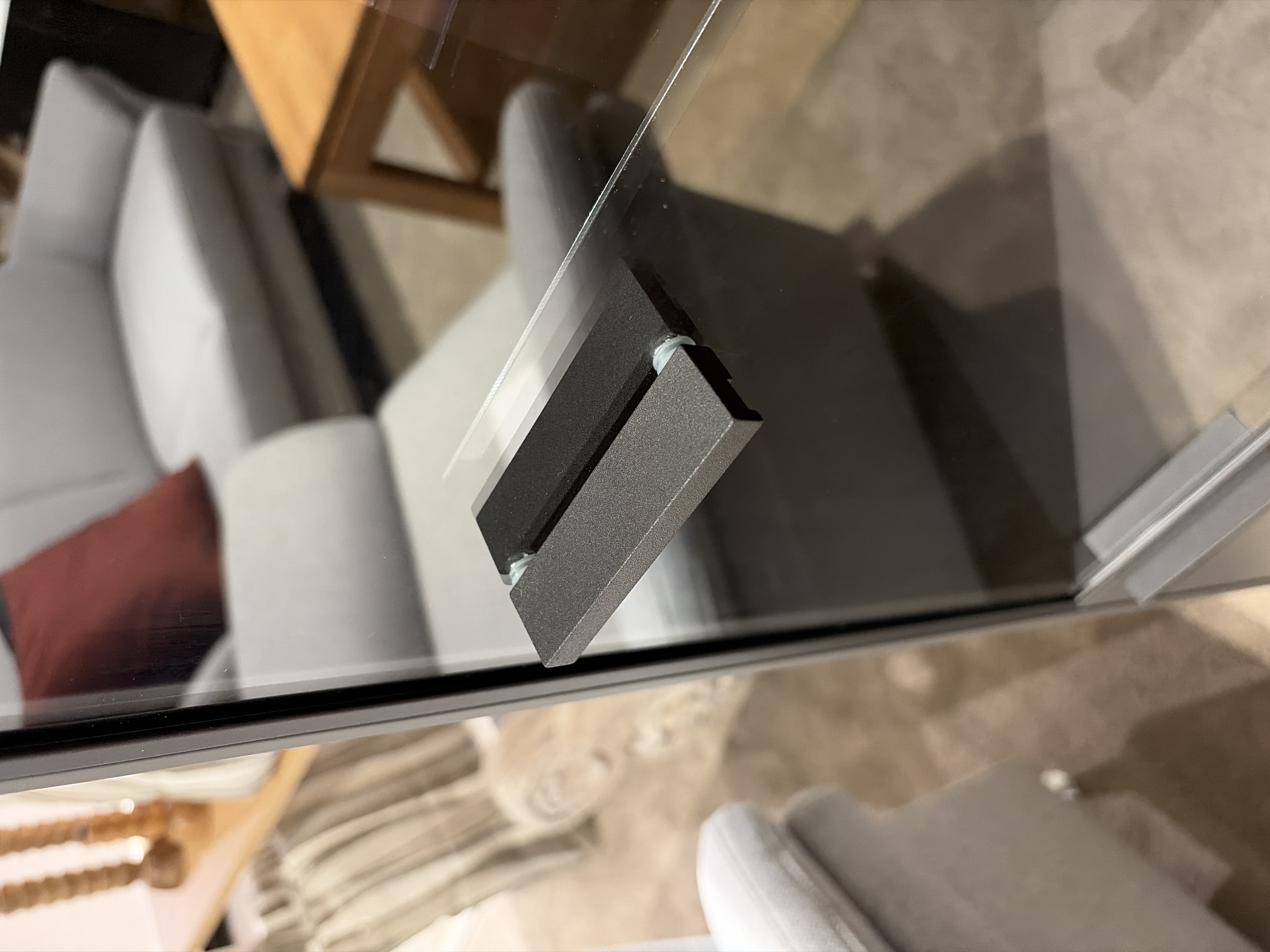 Vitrine, glas, tisch, rahmen, griff, ecke