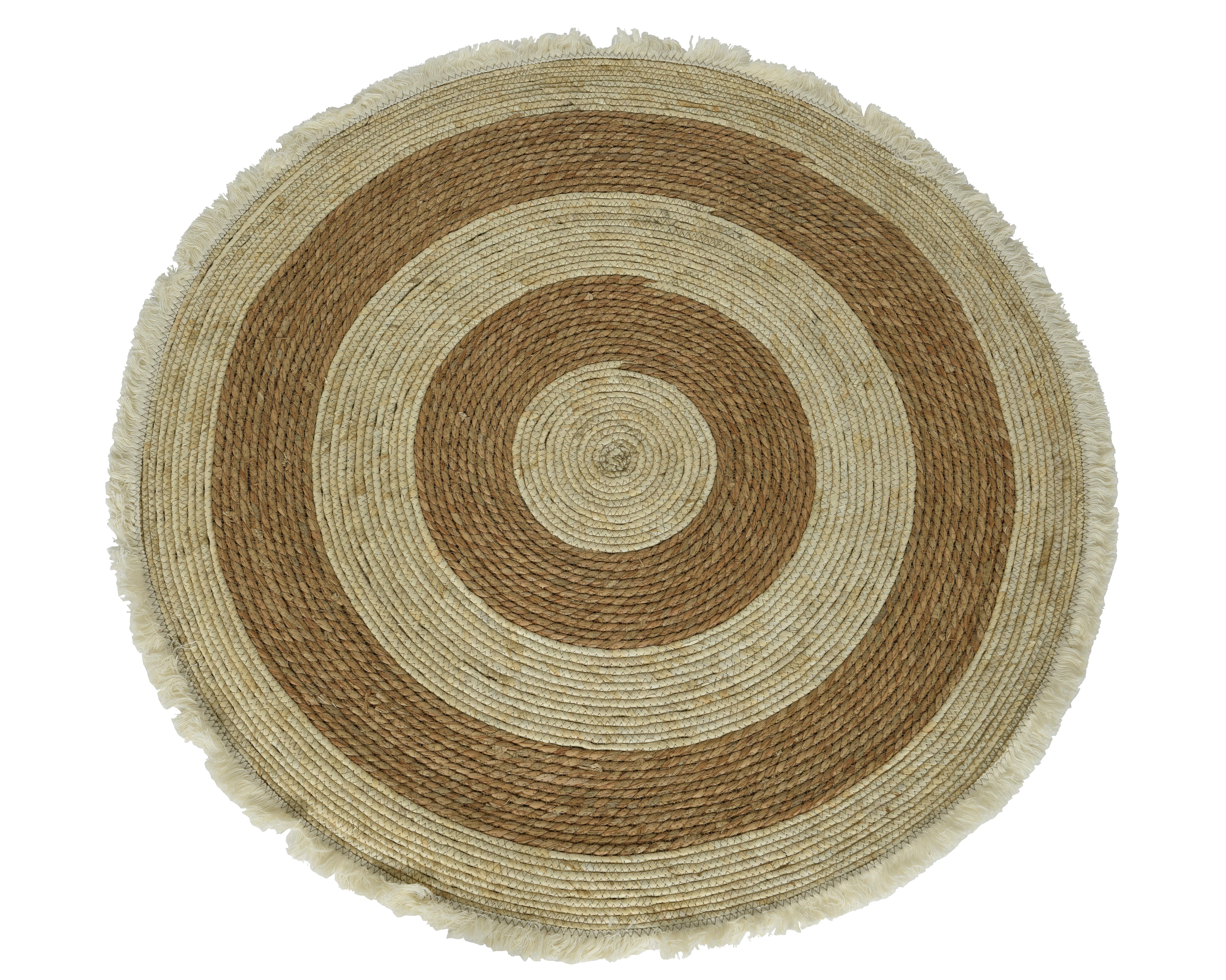 Kaemingk Teppich in Farbe Braun, Runder Teppich, Jute, Naturfarben, Ringmuster, Fransenrand