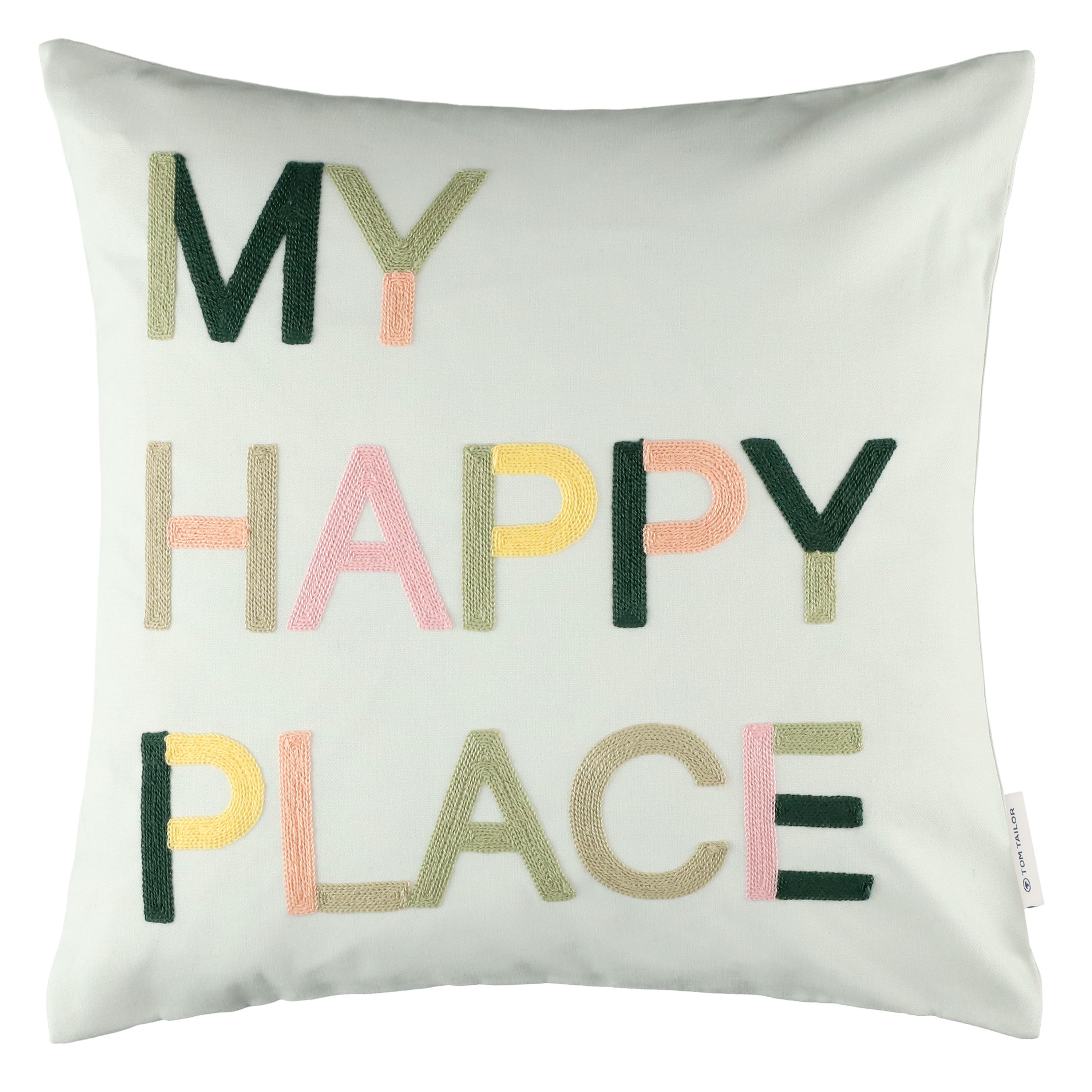 Tom Tailor Kissenhülle Happy ca. 45x45cm in Farbe offwhite, Kissen, Kissenbezug, Wortkissen, Stickerei, Pastellfarben
