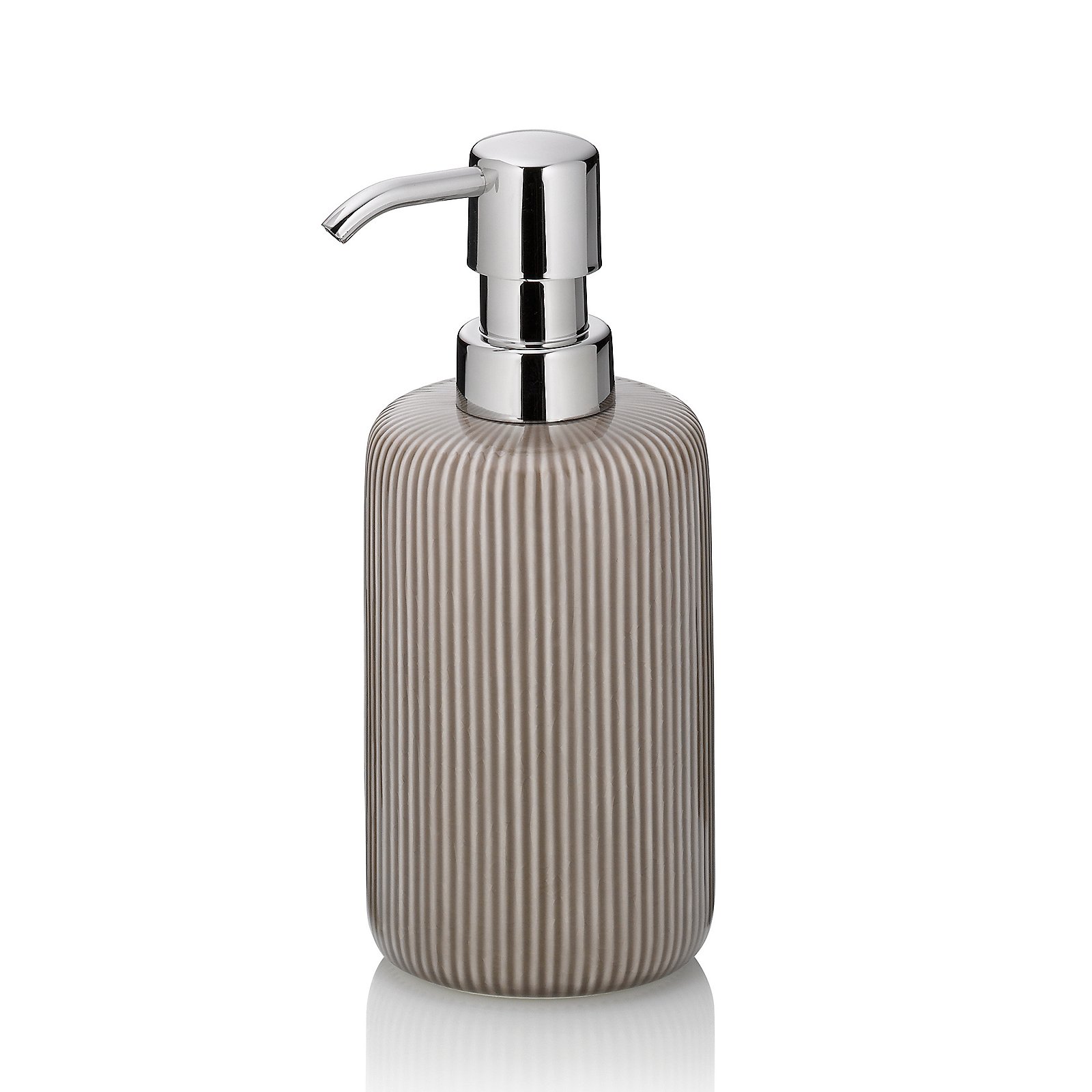 Kela Seifenspender Ava Keramik Grau, Seifenspender, Flasche, Rippendesign, Chrom, Badezimmerzubehör, Seifenspender, Flaschenform, Rillenstruktur, Chrom, Küchenbad Accessoire