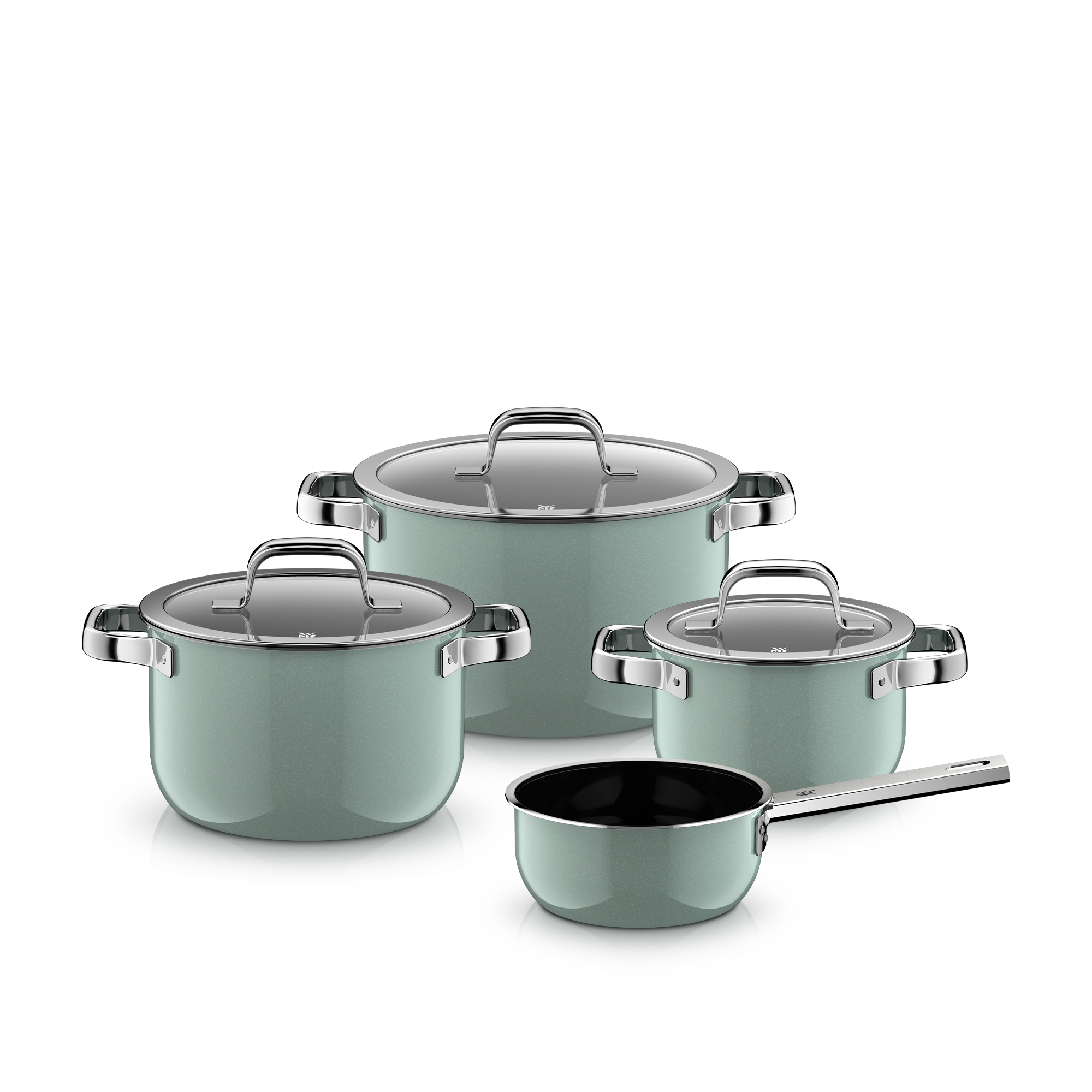 WMF Fusiontec Mineral Pro, Topf-Set, 4-teilig, Eucalyptus Haze in mintgruen WMF Fusiontec Mineral Pro, Topf-Set, 4-teilig, Eucalyptus Haze in mintgruen, Kochtopfset, Töpfe, Emailliert, Silikongriffe, Pfannenset