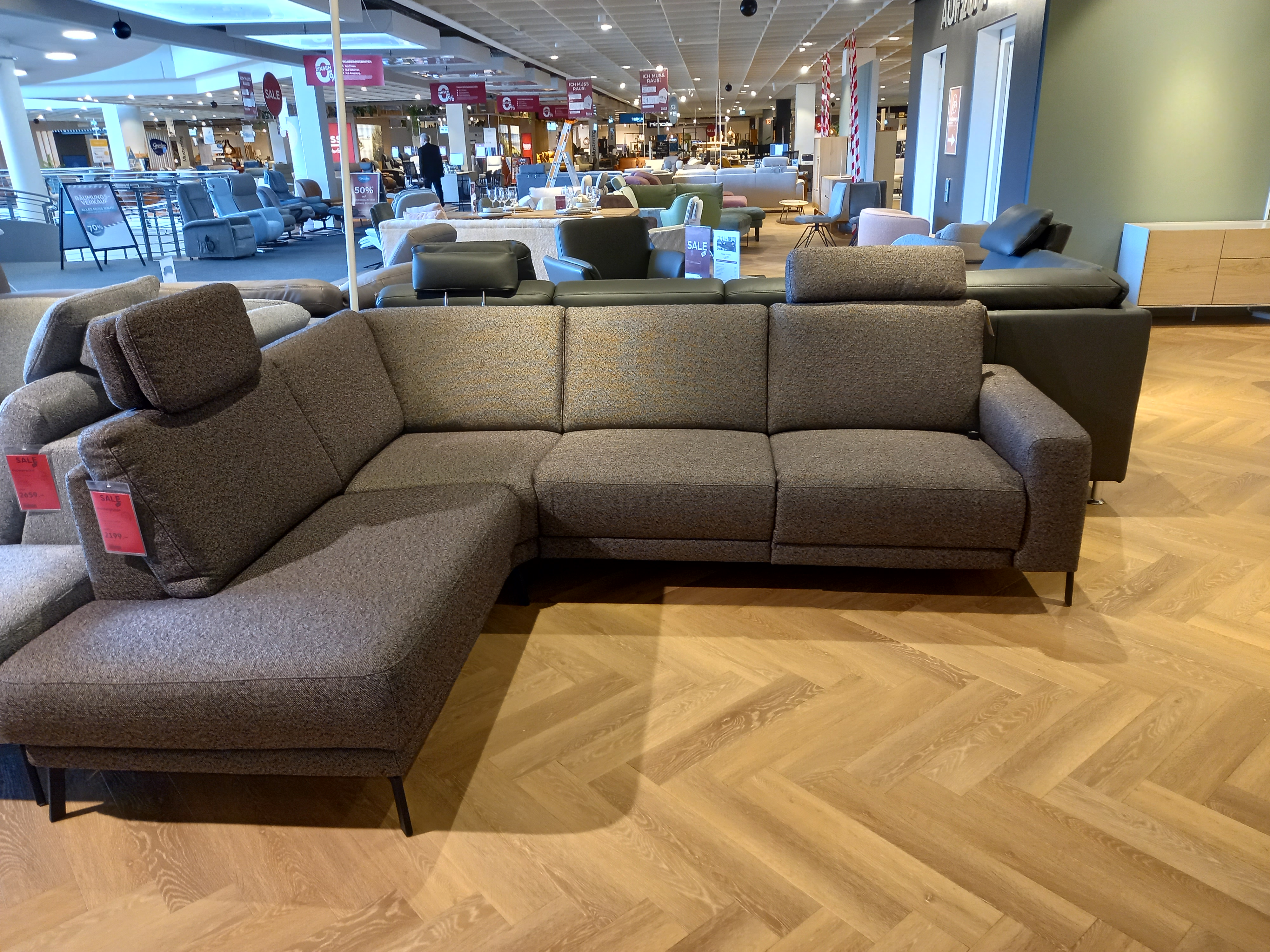 Carina Polstergruppe in Stoff Salt n Pepper multi, Ecksofa, Wohnzimmersofa, Stoffsofa, Grau, Parkett-/Holzboden
