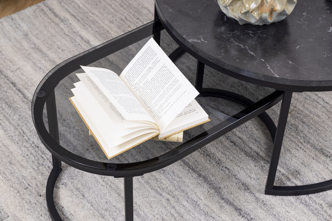 Actona Couchtischsatz SPIRO ca. 70x70cm in Melamin Marmor schwarz/Glas Rauch gebeizt