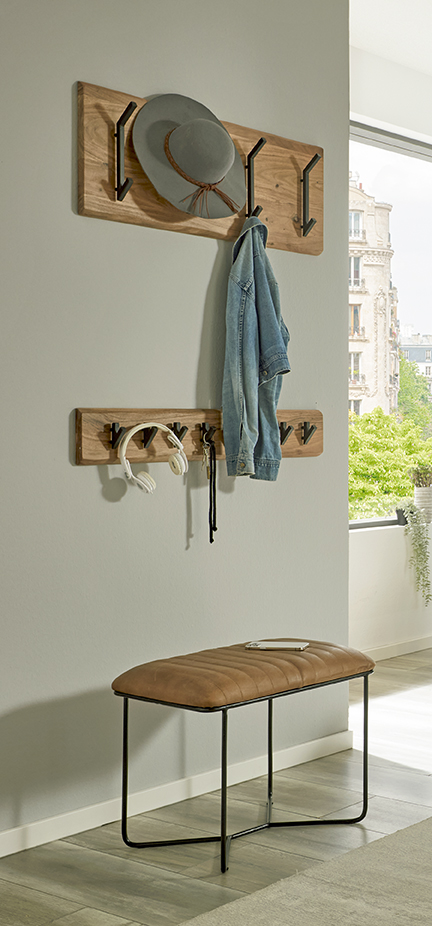 Wandgarderobe RIVERA 8 in Farbe Akazie, Schwarz Wandgarderobe in Mehrfarbig, Hakenleiste, Wandhaken, Bank, Jeansjacke, Hut, Garderobenleiste, Haken, Bank, Hut, Jeansjacke