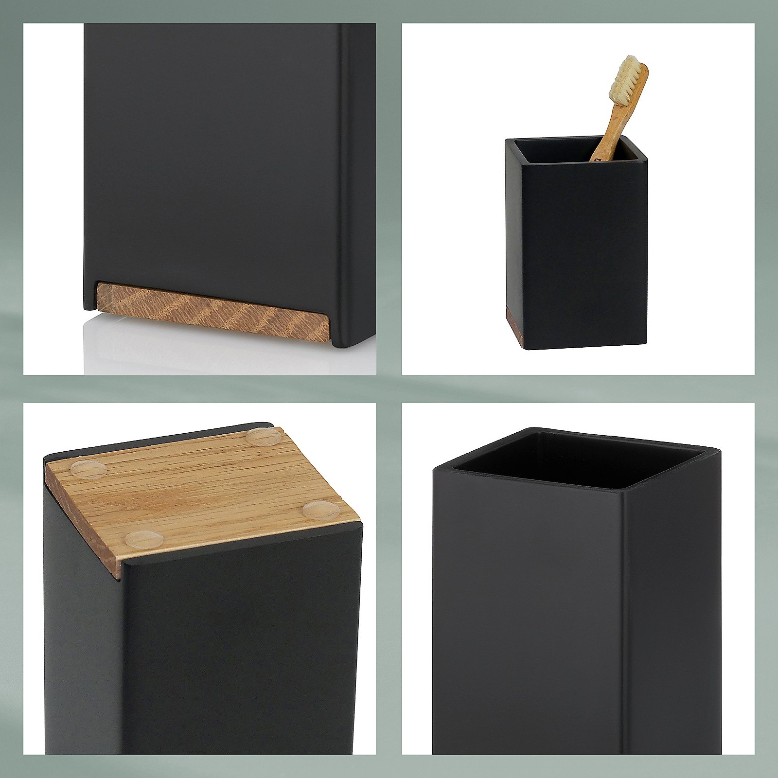 Kela Becher CUBE in Farbe schwarz, Schuhputz, Bürstenhalter, Schuhständer, Holzrand, Kasten-Design, Schwarzer rechteckiger Behälter, Holzfuß unten, Zahnbürstenhalter, Holzakzent, Minimalistisches Design