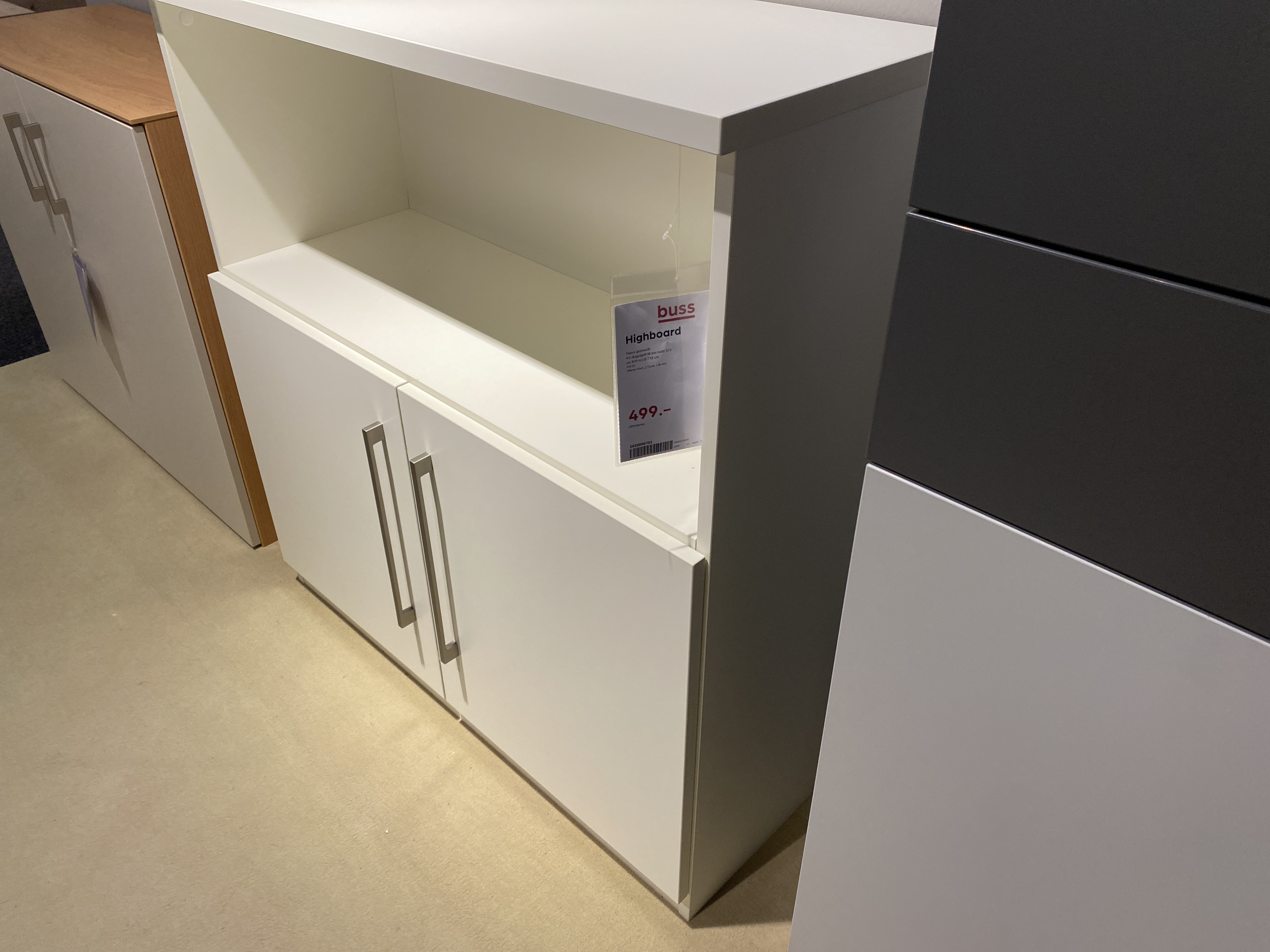 Highboard MULTIFLEX in Farbe Glattweiß, Highboard, weiß, zwei Türen, offenes Fach, Metallgriffe