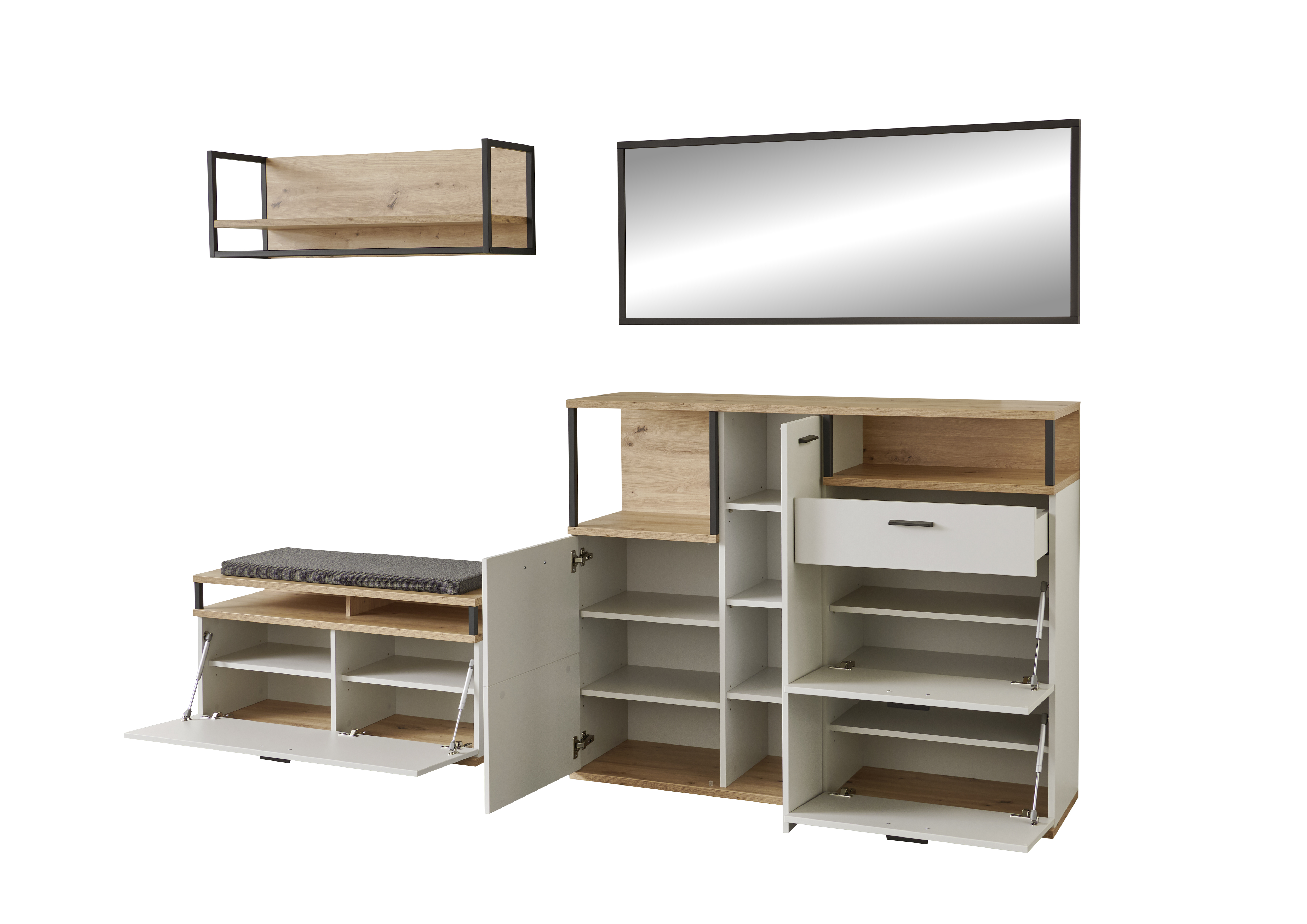 Garderobenkombination BASSET in Modern white melamin/Abs.Eiche, Wohnwand, Möbelset, Garderobe, Vitrine, Holzoptik