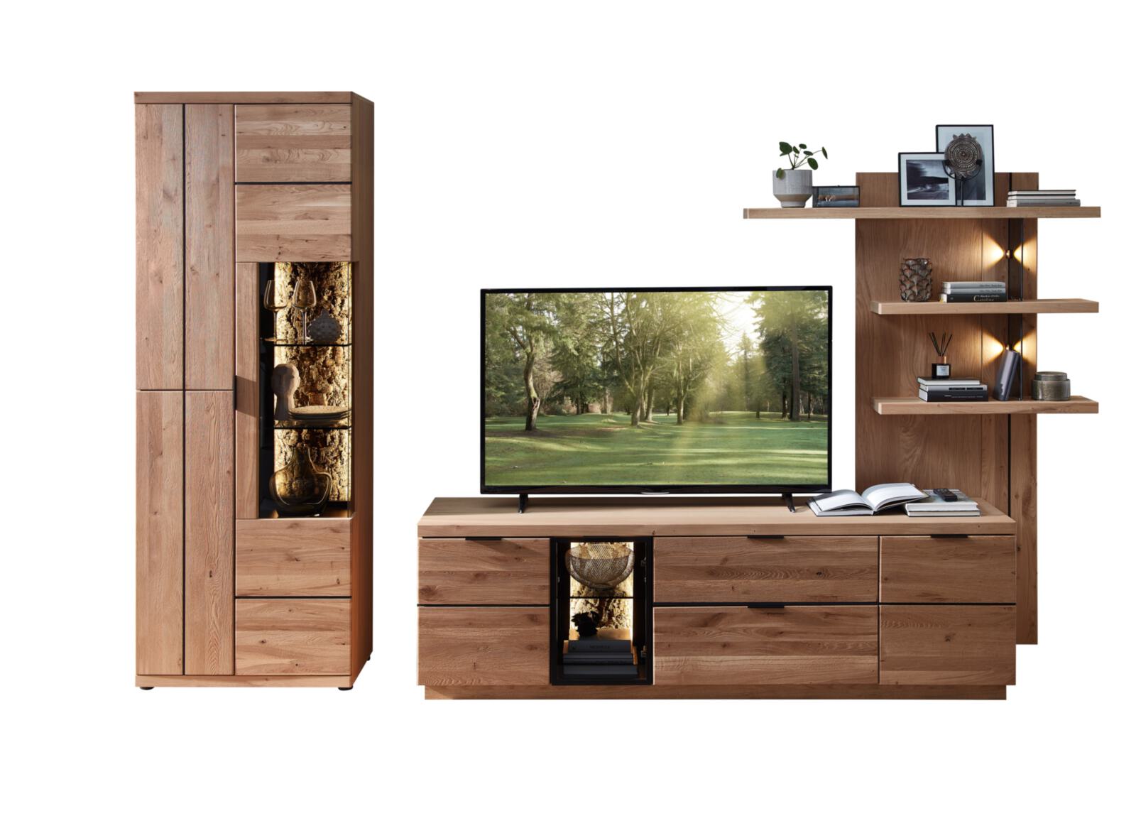 Wohn-Concept Wohnkombination DONNA in Wildeiche Bianco massiv gebürstet/furniert, Wohnzimmerschrank, Fernsehtisch, Vitrinenaufsatz, Holzdekor, Rustikales Holz
