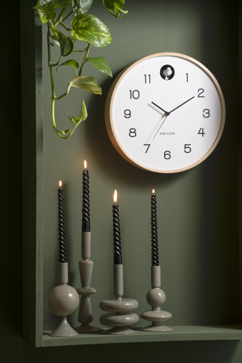 Wanduhr NATURAL CUCKOO in Fb. weiß, D.31,5 cm, wanduhr, analog wanduhr, kaminuhr, kerzenhalter, grüne wand