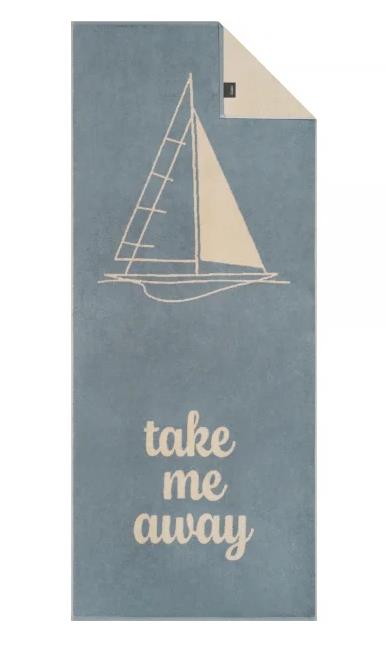 Cawö Saunatuch TRAVEL 70x180cm in Farbe nordic blue, Sailboat silhouette, Boot Illustration, Takeaway card, Blue card, Folded corner