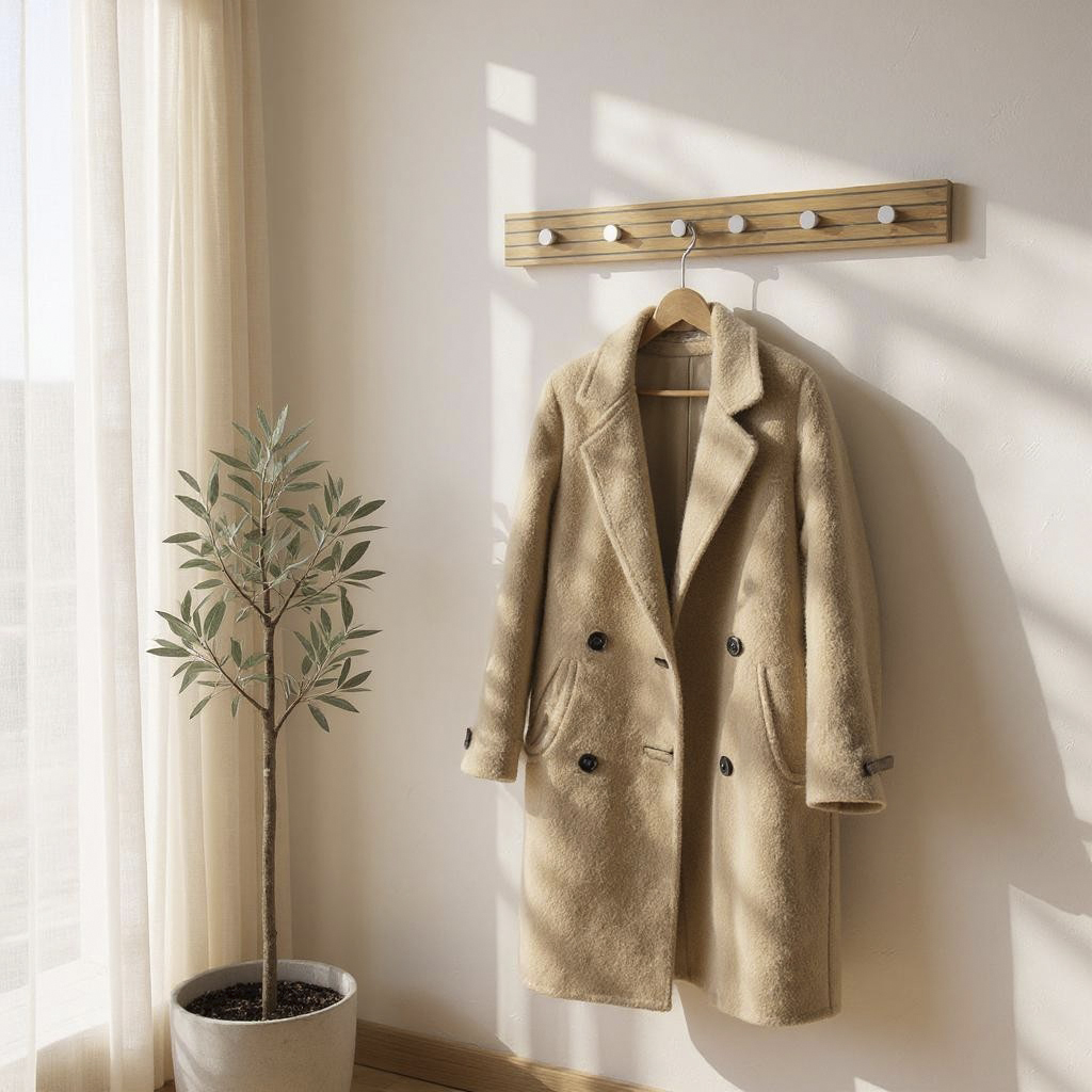 Garderobenleiste POLAR in Holzfarben, Mantel, Beige, Wollmantel, Knopfleiste, Kragen, Mantel, Wolle, Beige, Überfalljacke, Tuchmantel