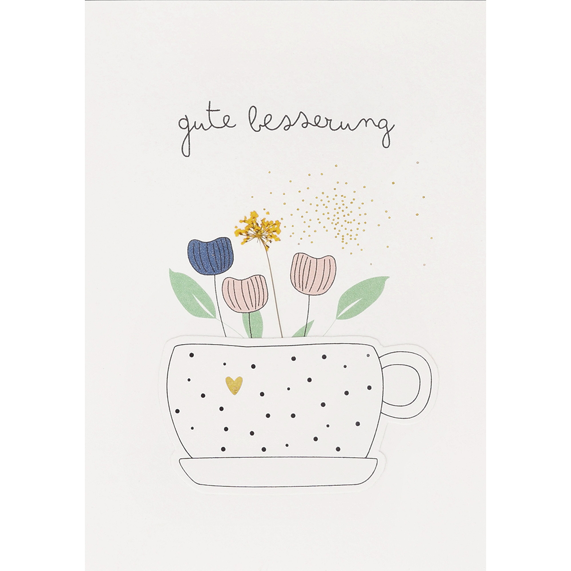 Karte Gute Besserung , Postkarte, Blumen, Teezubehör, handgemacht, Herz