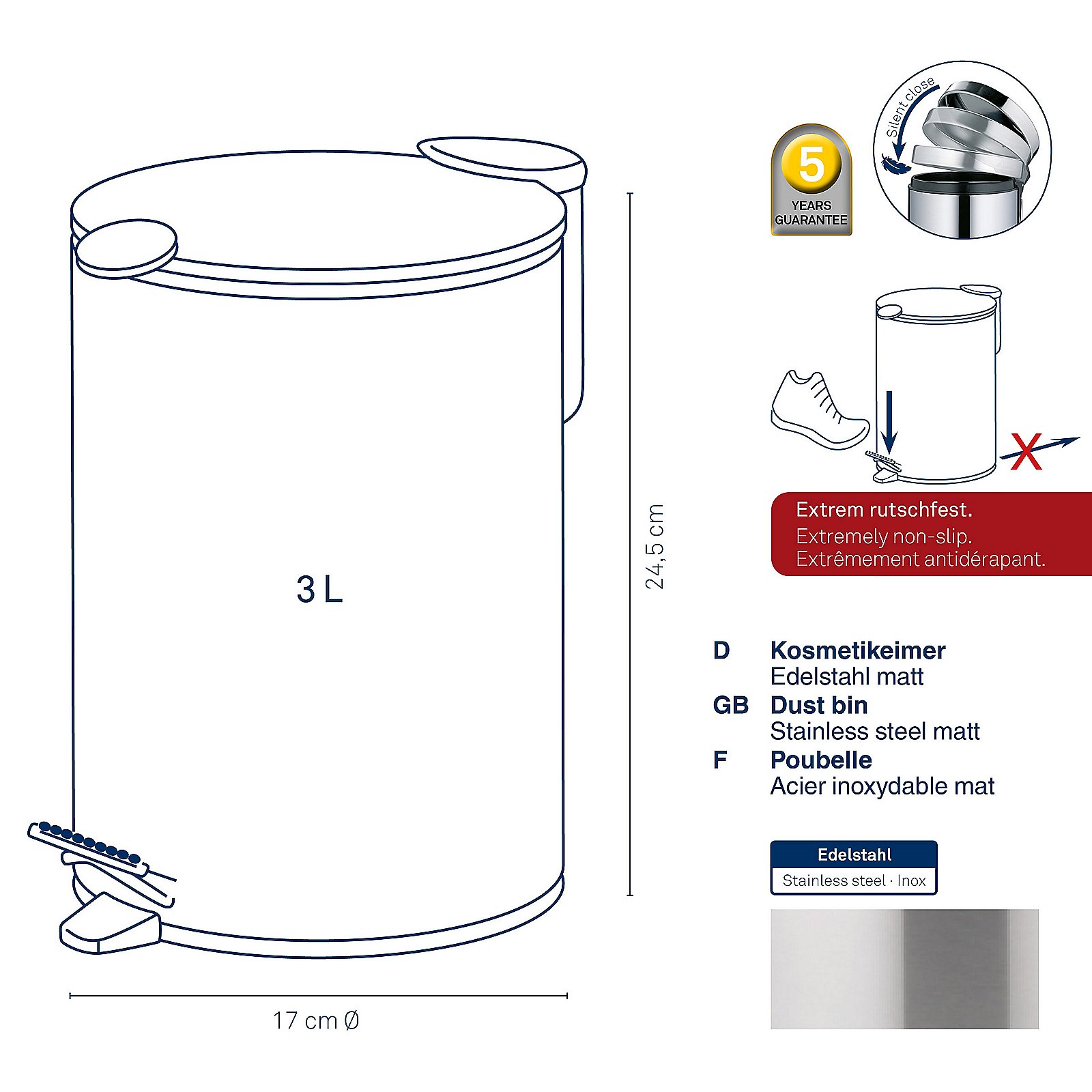 Kela Kosmetikeimer MATS in Farbe Silber Matt, Edelstahl, Kübel, 3 L, Dust bin, Stainless steel matt, Edelstahl, Kunststoffbehälter, 3 L, Stainless steel matte, Schrittfilter/Deckel?