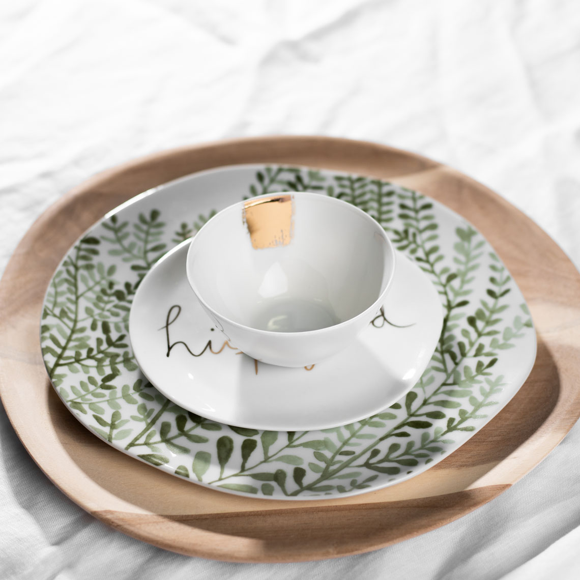 Teller Mix & Match in Farbe natur, Teller-Set, Porzellanteller, Grün Muster, Keramikschale, Nappteller