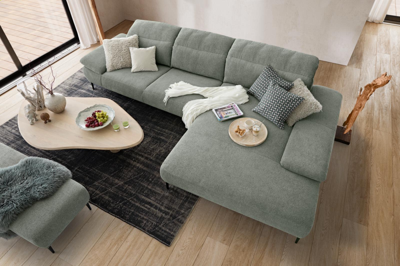 W. Schillig Polstereckgruppe TAVAROO in Stoff uni thyme, sofa, großes-ecksofa, grün, wohnzimmer-tisch, kissen