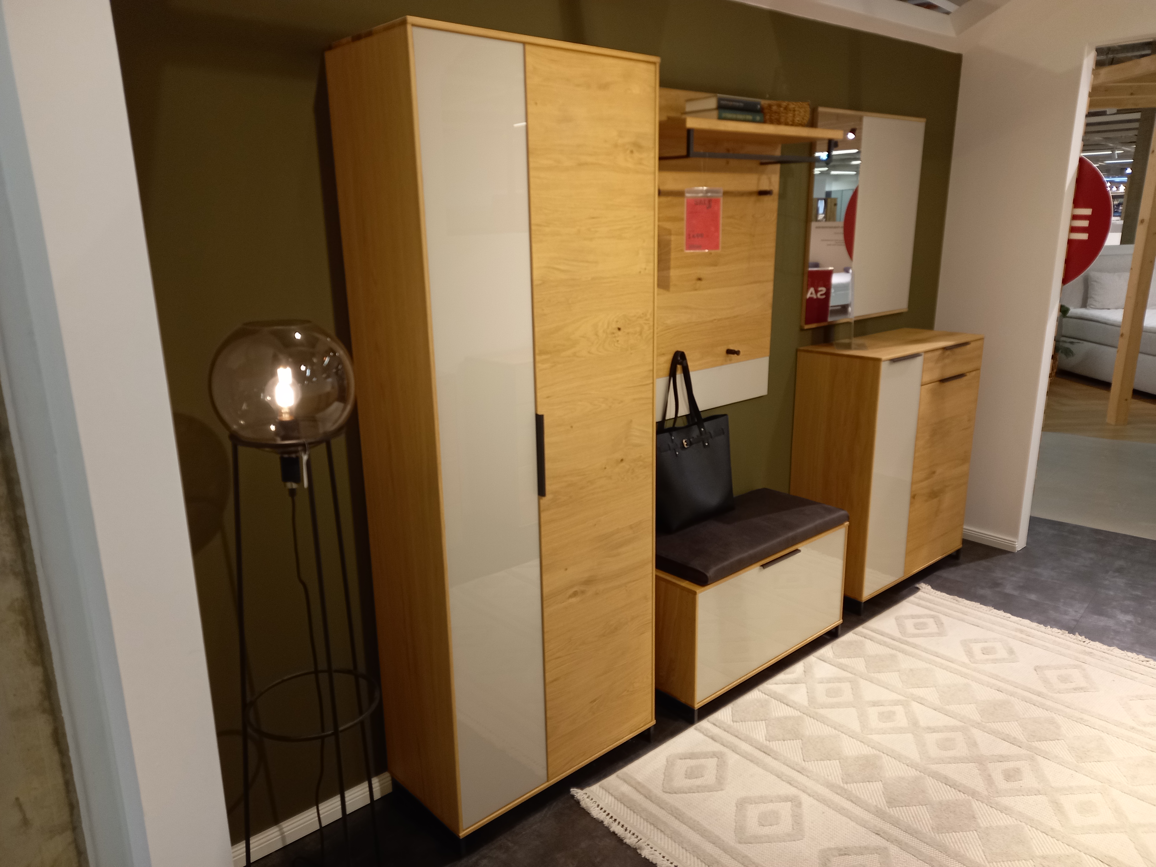 Garderobenkombi 6-teilig  in Eiche bianco/Balkeneiche furn., Flurmöbel, Garderobenschrank, Eicheoptik, weiße Fronten, Sitzbank