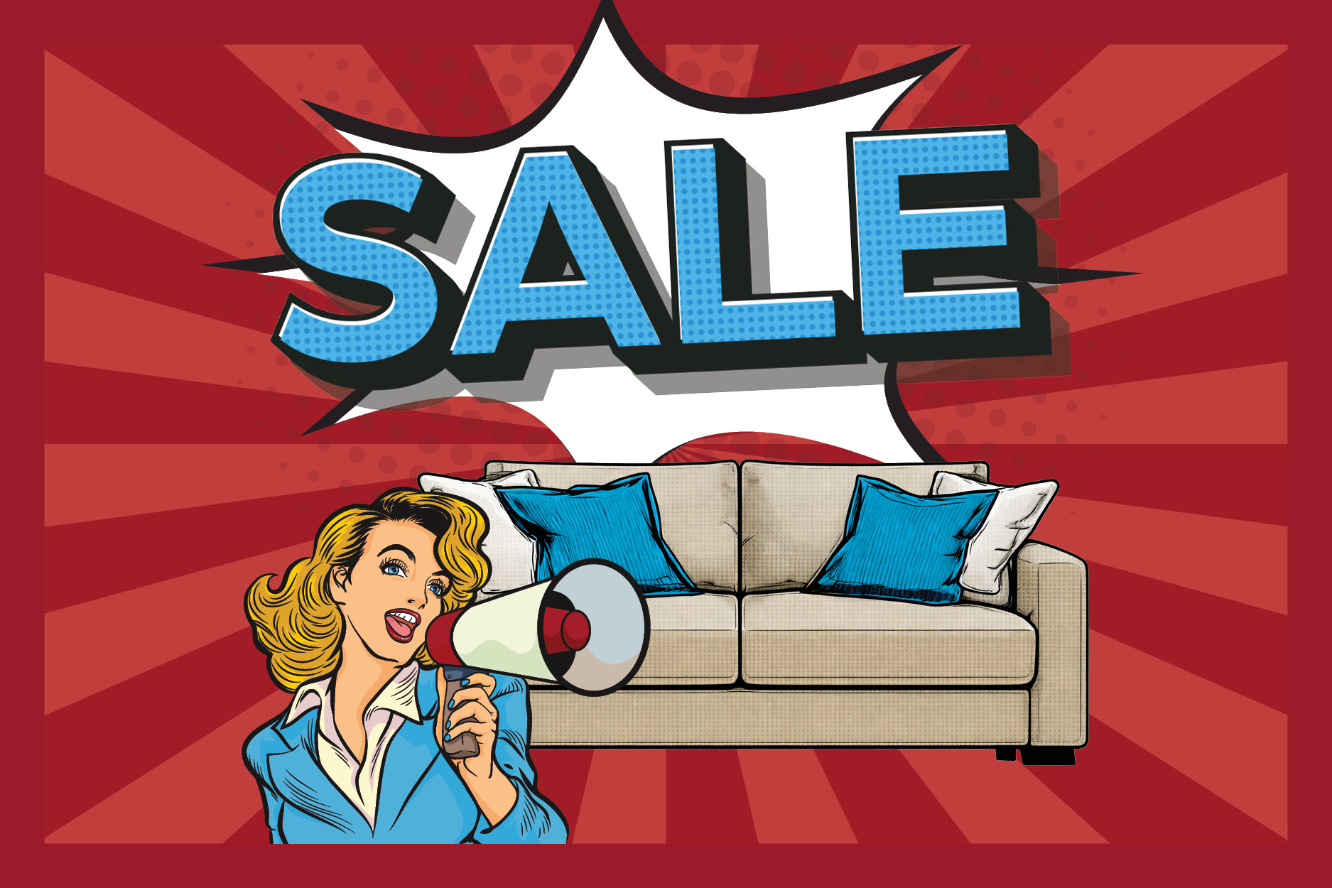 Pop-Art, Ausverkauf Schild, Sofa, blaue Kissen, Frau mit Megafon