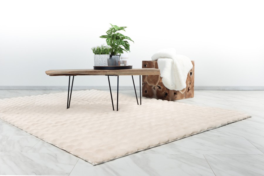 Webteppich HARMONY ca. 200x290cm in Farbe ivory, Kaffeetisch, Holztisch, Metallbeine, Teppich, Pflanzen