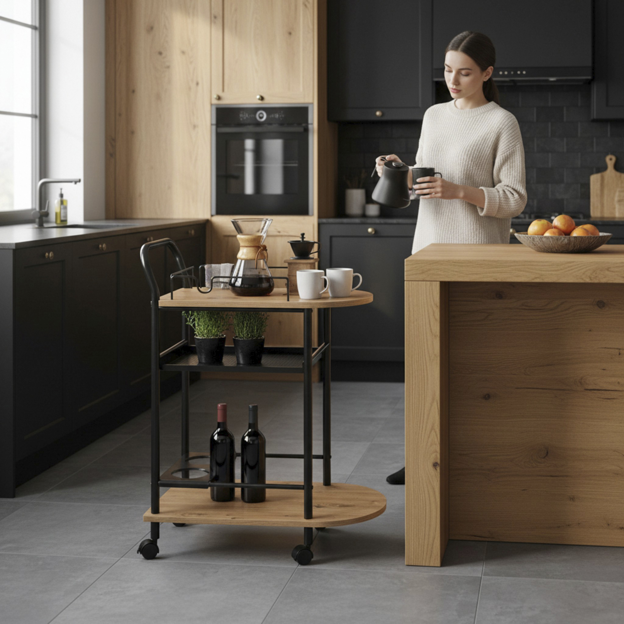 Küchenwagen in Schwarz, Küche, Küchenwagen, Nordisch, Holz, Dekoration, Küche, Küchenwagen, Holz, Kaffeemaschine, Kaffeetafel