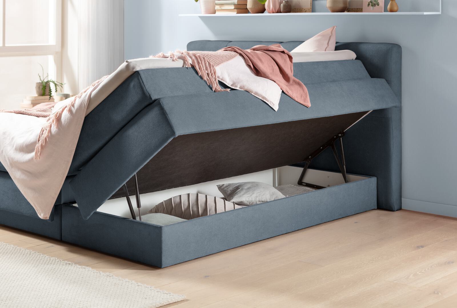 Sun Garden Boxspringbett Portage in Stoff blau mit Bettkasten