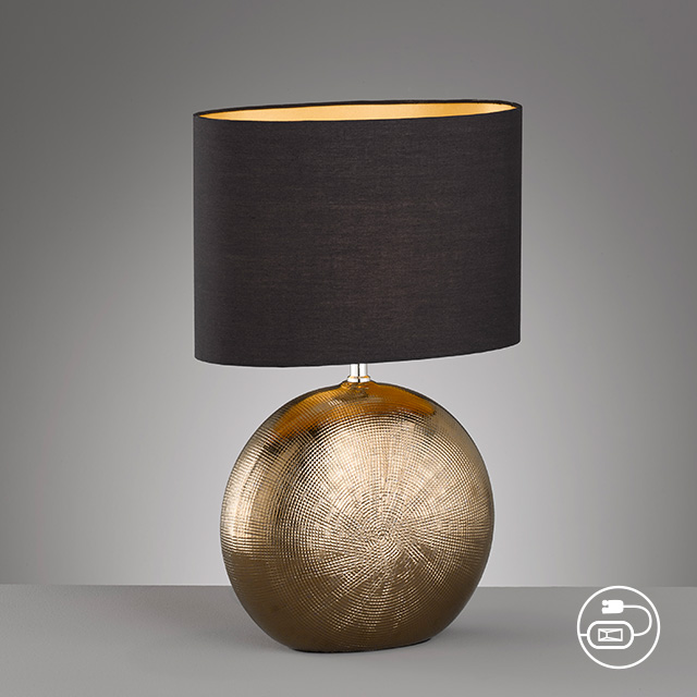 Fischer & Honsel Tischleuchte FORO 1-flammig in Farbe Keramik bronzefarbig antik/Stoff schwarz Chintz innen goldfarbig Fischer & Honsel Tischleuchte FORO in Keramik bronzefarbig antik/Stoff schwarz Chintz innen goldfarbig