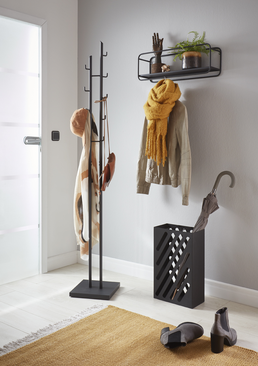 Haku Möbel Garderobenständer RUDI in Farbe Schwarz, Hakenständer, Mantel, Schal, Tasche, Gepäckkorb