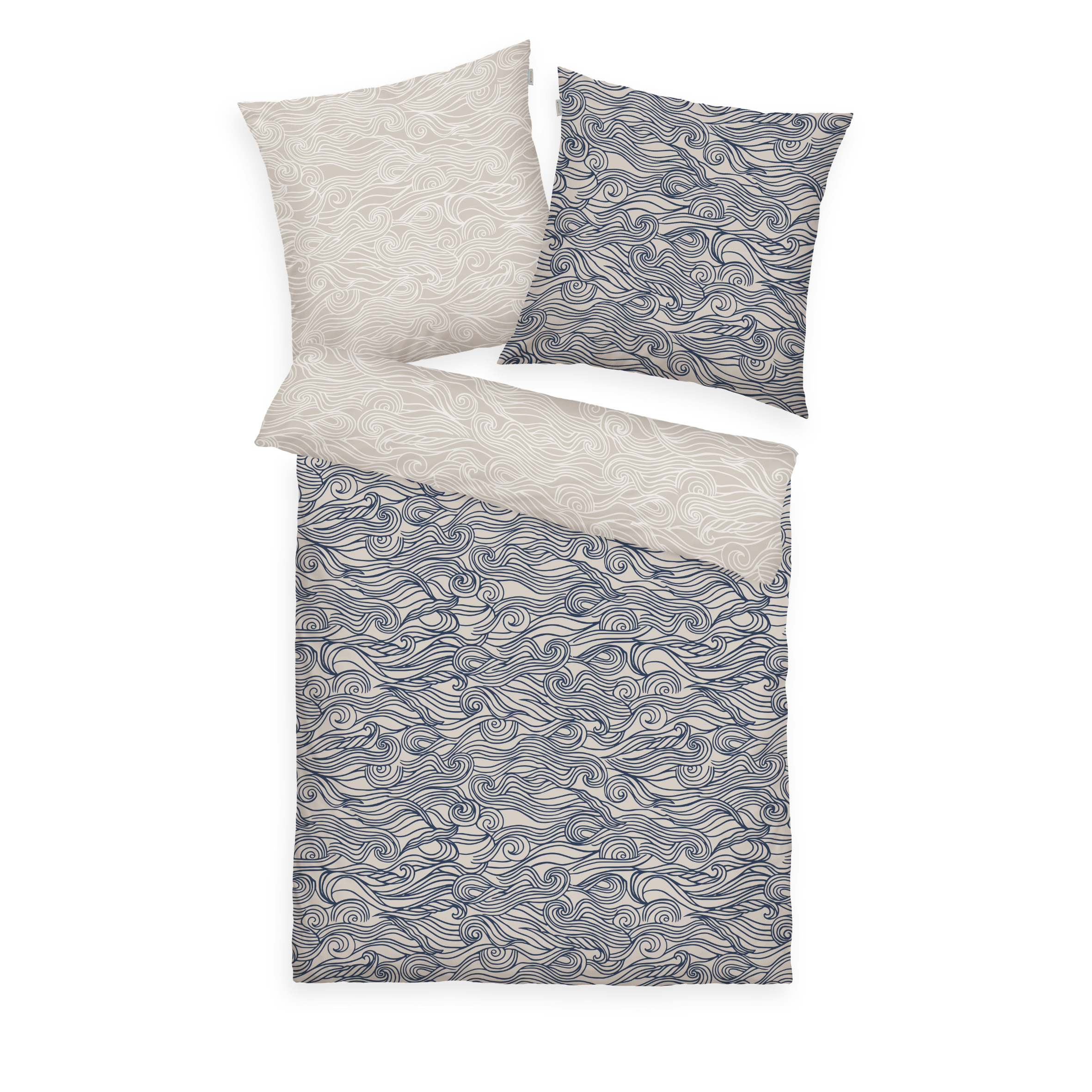 Tom Tailor Renforcé Bettwäsche Waves ca. 155x220cm in Farbe DarkNavy & SunnySand & OffWhite, Bettwäsche, Kissenbezug, Wellenmuster, Duo-Set, Nachtwäsche