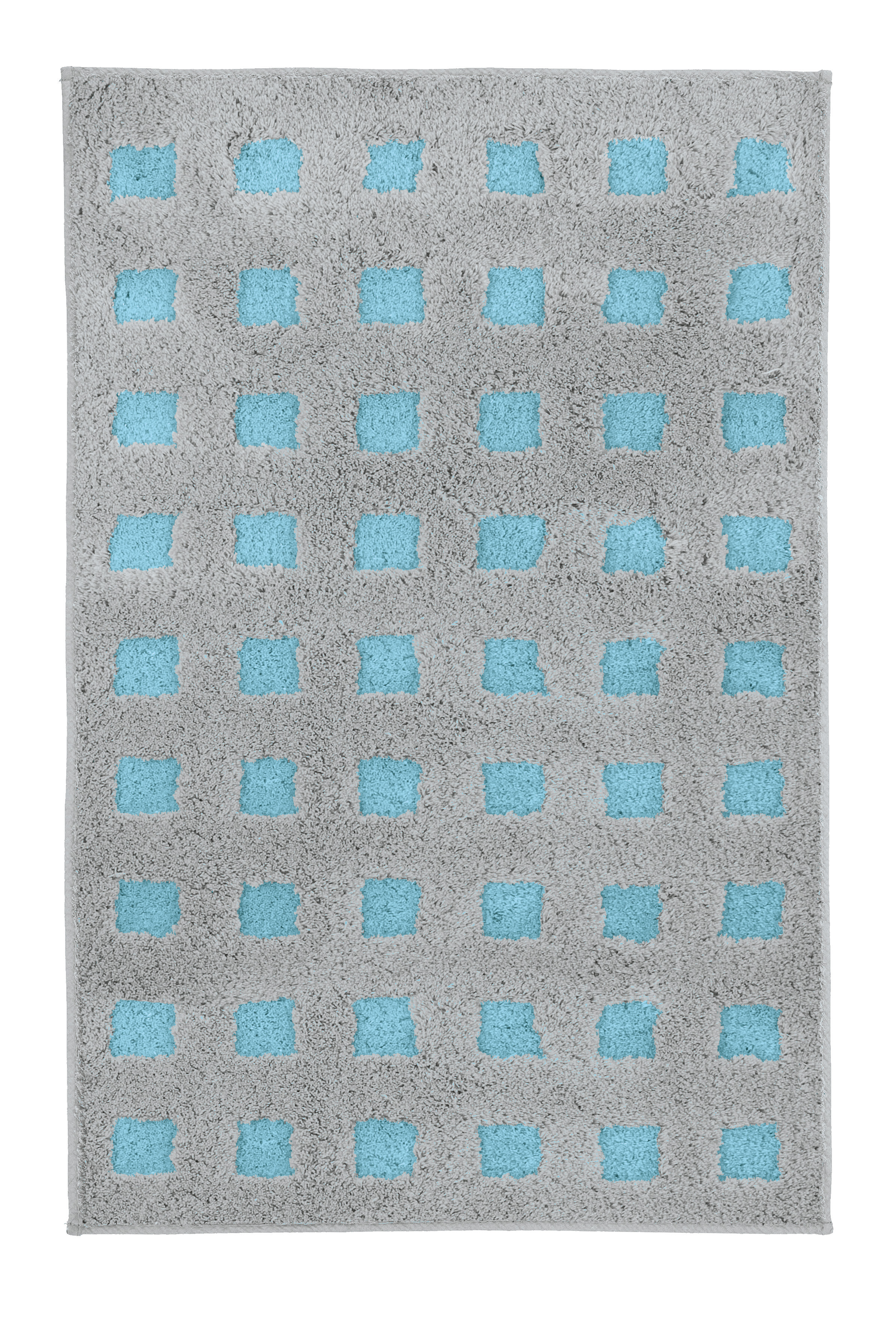 Kleine Wolke Badteppich BOXES ca. 60x90cm in Farbe Opal, Tuch, Teppich, Grauer Teppich, Blaues Quadratmuster, Flachgewebe