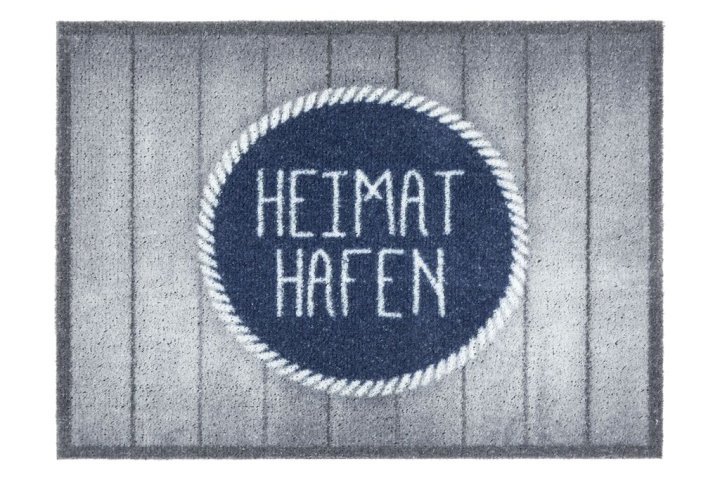 Golze & Söhne Türmatte Deco Brush ca. 50x70cm in Farbe Heimathafen Holz , doormat, circle patch, navy blue, rope edge, text Heimat Hafen