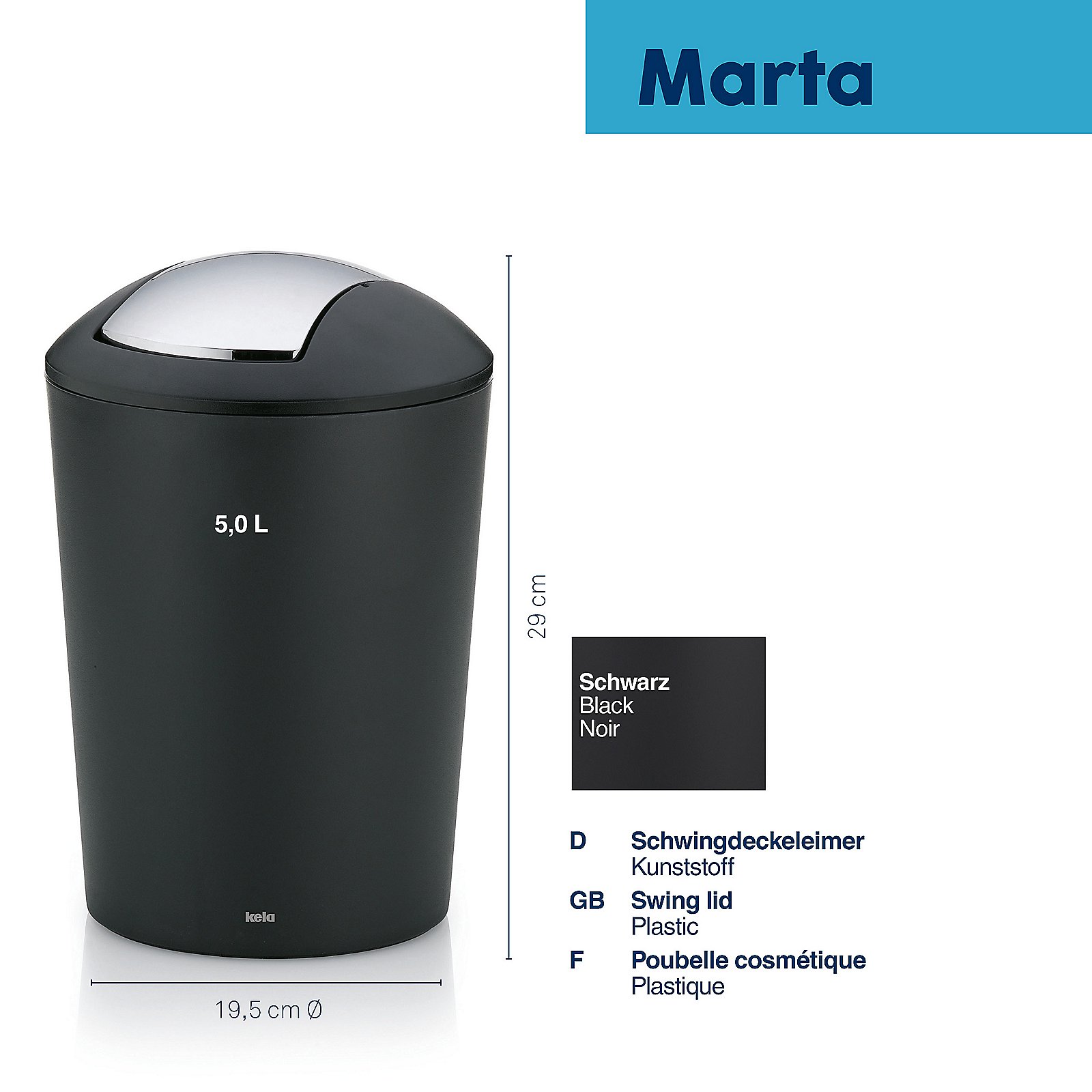 Kela Schwingdeckeleimer MARTA in Farbe Schwarz, Abfalleimer, Mülleimer, Schwarz, Kunststoff, 5,0 L, Abfalleimer, Schwingdeckel, Kunststoff, Schwarz, 5,0 L