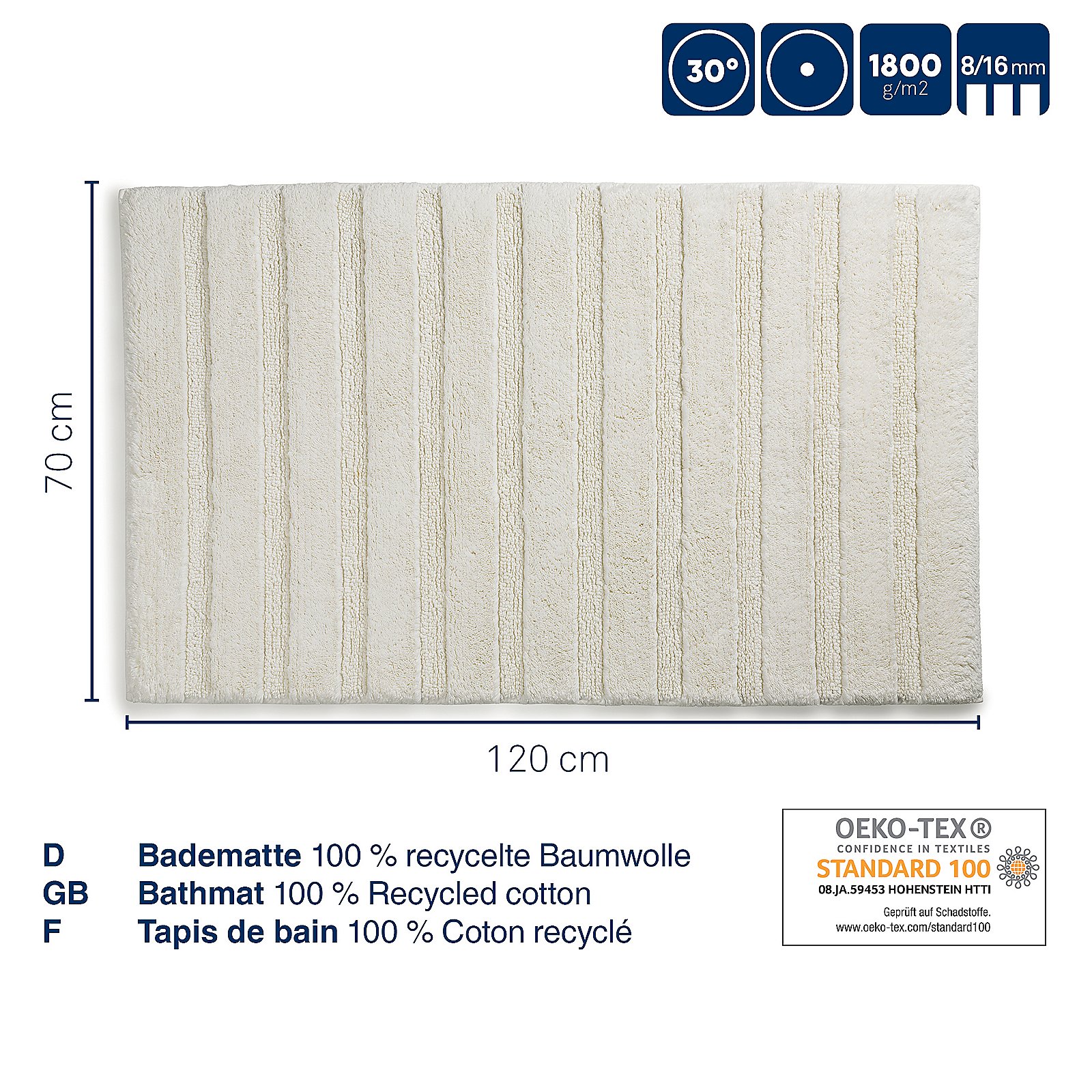 Kela Badematte MEGAN in Farbe Granitgrau, Baumwollteppich, Badematte, recycelte Baumwolle, Streifenmuster, 120x70 cm, Badmatte, Baumwolle, 120x70, Recycling, Teppich