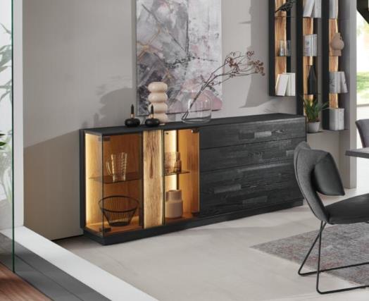Sideboard ca.B194 H85 T44 cm in Kernesche anthrazit gebürstet, Sideboard, Buffet, Glass doors, Wood drawer, Decor cabinet