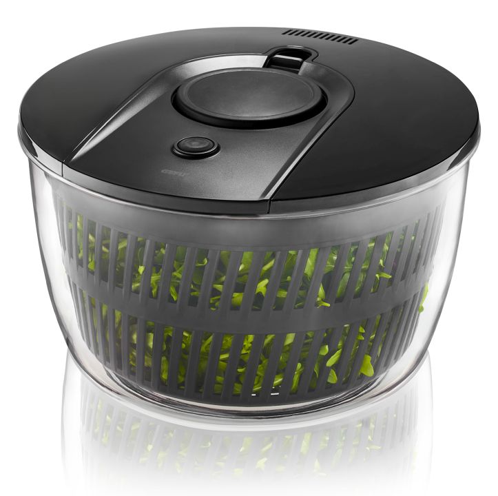 GEFU Salatschleuder PUSH IT in Farbe Schwarz/transparent, Nahrungsprozessor, Dampfbasket, runder Dreh, grüne Blätter, Edelstahl