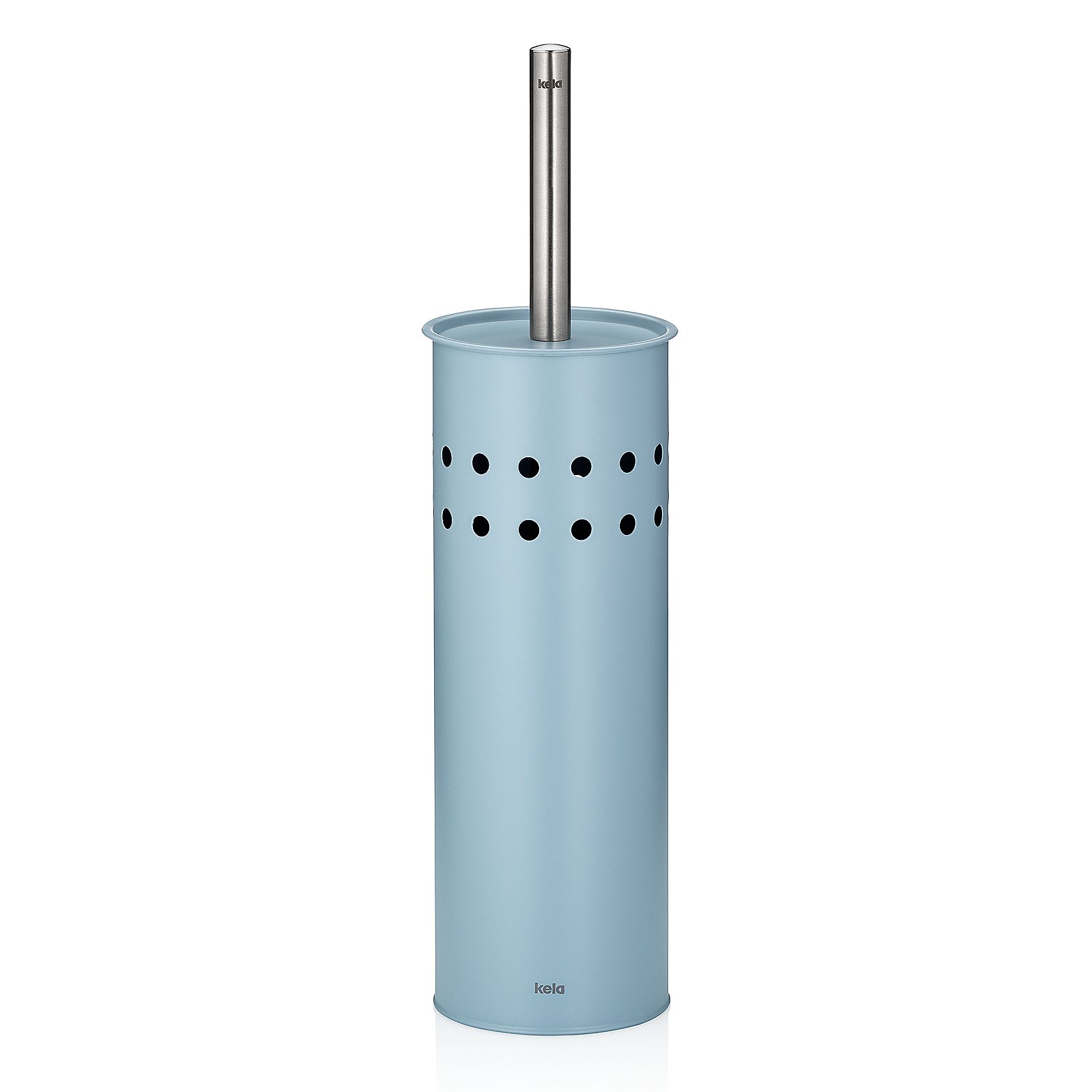 Kela WC-Garnitur LEO in Farbe Frostblau, Toilettenspapierhalter, Ständer, Halterung, poröse Muster, metallic blau, Toilettenpapierhalter, Perforierte Zylinder, blaue Farbe, Metallstange, industrielles Design