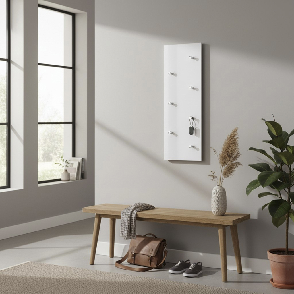 Haku Möbel Wandgarderobe BIG EDDY in Farbe Chrom, Weiß, Wandgarderobe, Hakenleiste, Holzbank, PflanzenTopf, Schuhe
