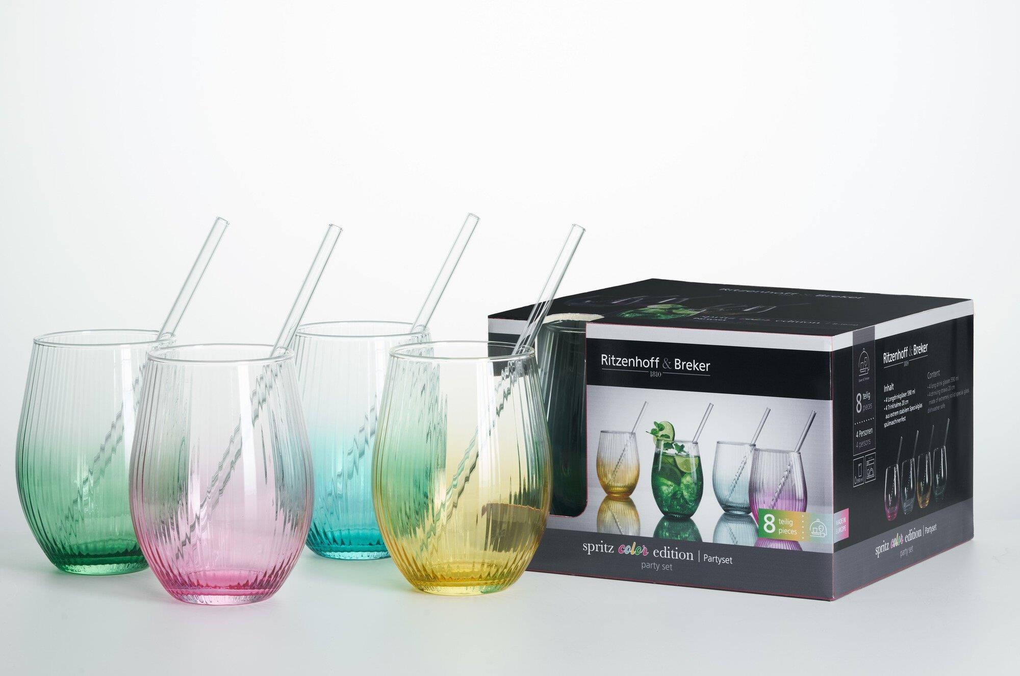 Ritzenhoff & Breker Partyset SPRITZ 8-tlg. aus Glas pink/blau/gelb/grün, gläser, trinkglas, glas-set, bunt, straws