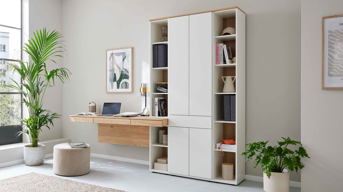 Interliving Regal-Schreibtisch-Kombination IL 2031 in Farbe Dekor/Front Tonweiß/Rückwand Risseiche, Schreibtisch, Wandschrank, Regal, Holztöne, Wohnzimmer