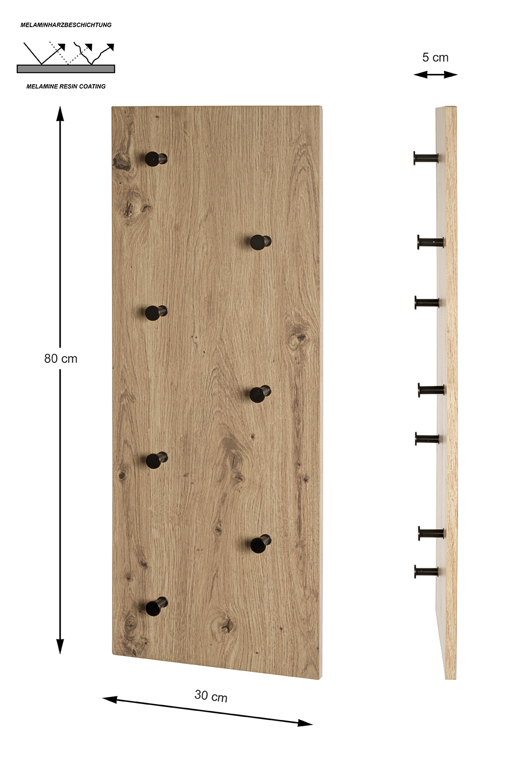 Wandgarderobe in Schwarz, Holz, Wandhaken, Kleiderhaken, Melaminbeschichtung, 80x30 cm