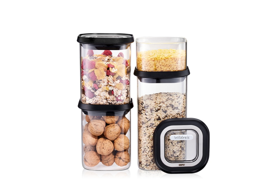 GEFU Vorratsdosen-Set PANTRY in Farbe schwarz/silber, Aufbewahrungsbehälter, Vorratsdose, Glasbehälter, Müslibehälter, Deckelverschluss
