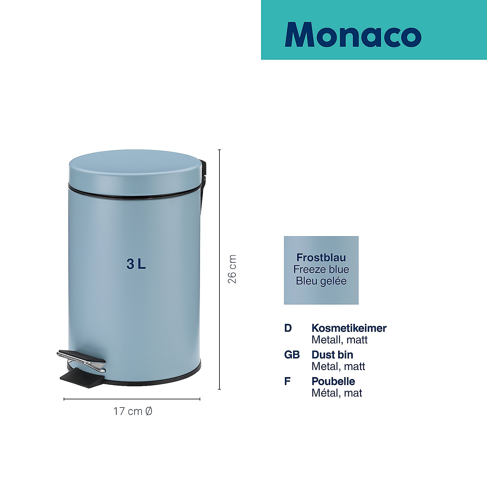 Kela Kosmetikeimer Monaco ROSE in Frostblau matt Kela Kosmetikeimer Monaco ROSE in Frostblau matt, Zinn, Kann, Mülleimer