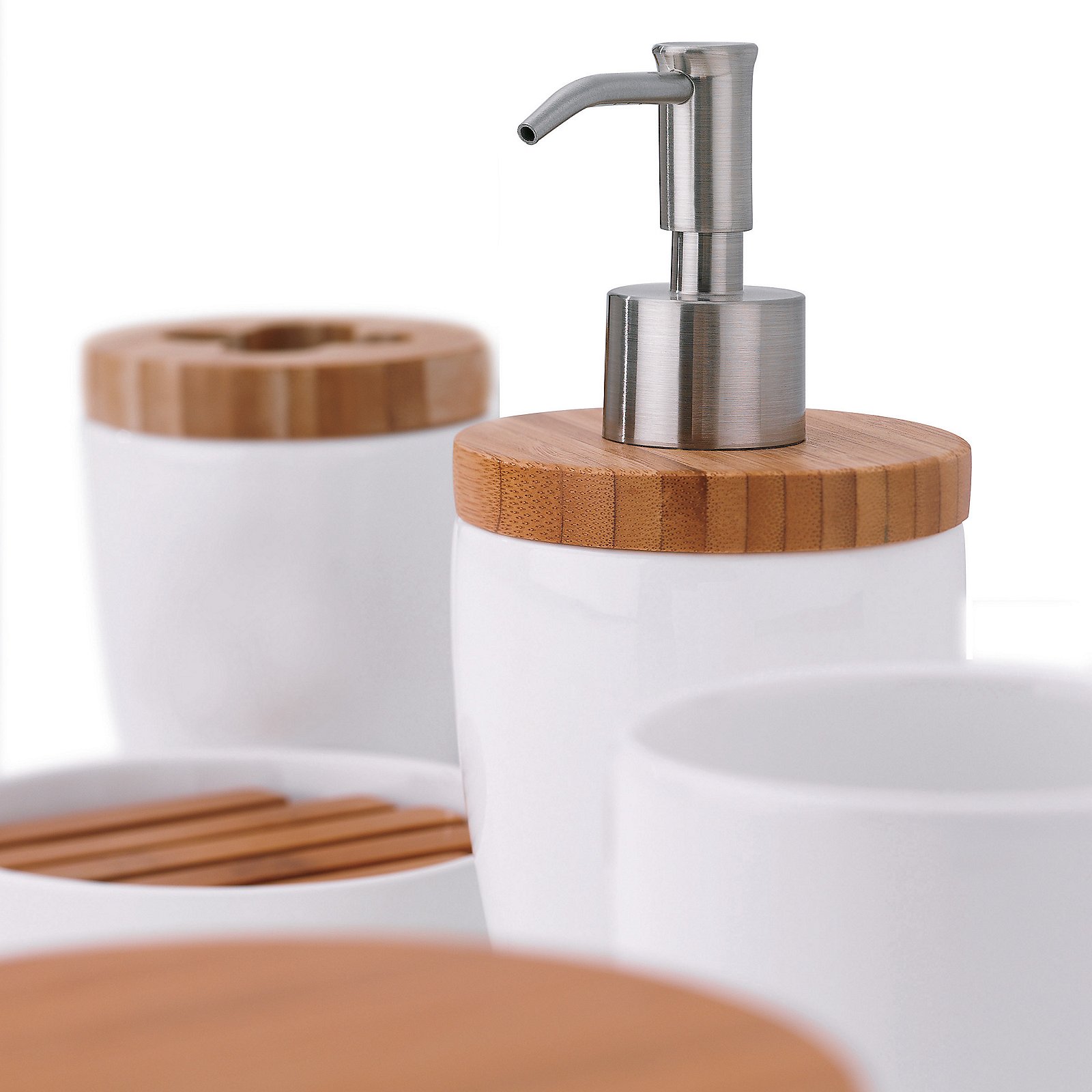 Kela Seifenspender NATURA in weiß, Seifenspender, Behälter, Bambusdeckel, Keramik, Badezimmer-Set, Seifenspender, Pump-Spender, Holzdeckel, Badzubehör, Küchenzubehör