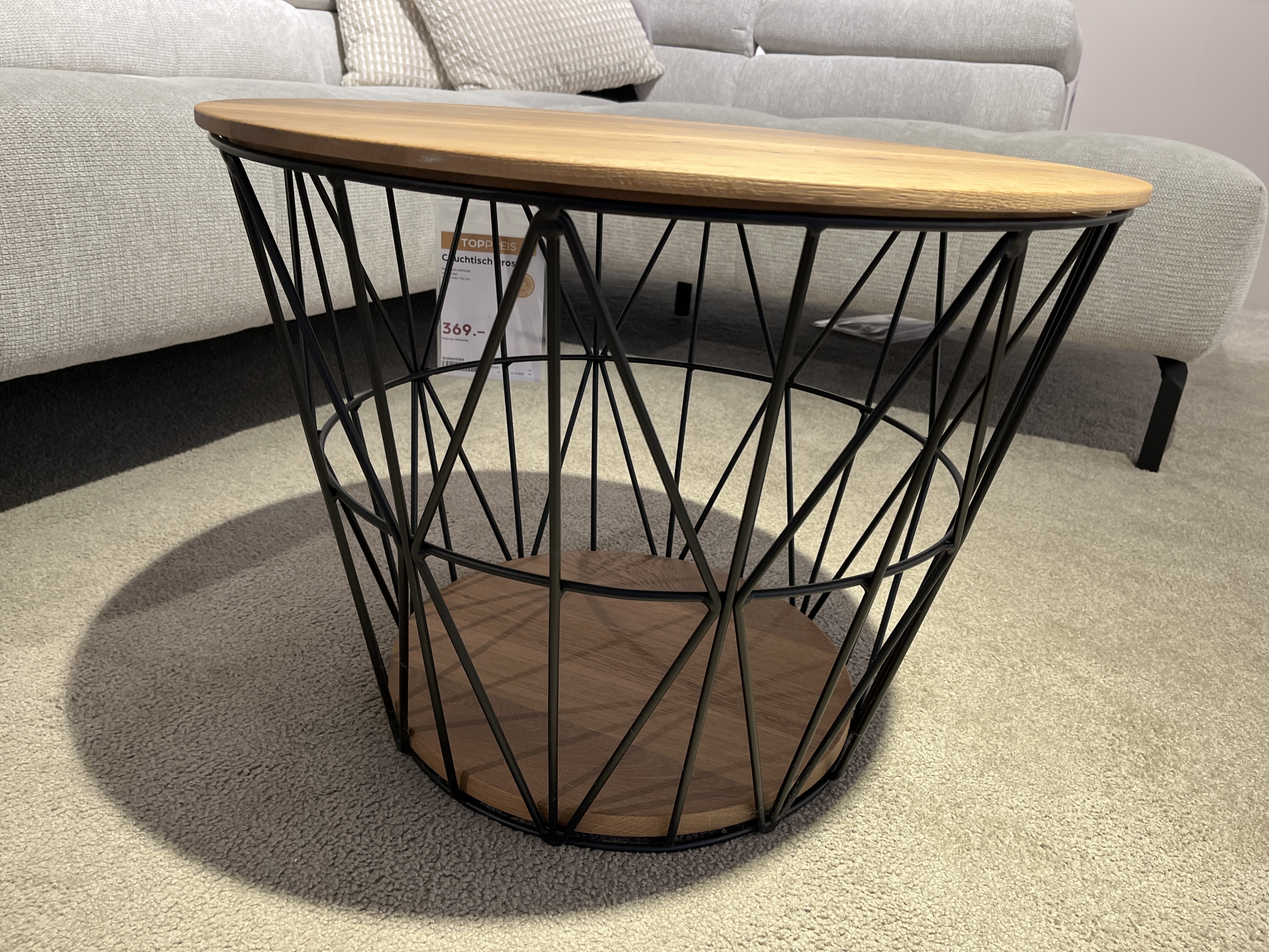 Hartmann Couchtisch gross NATURSTÜCKE in Metallkorb anthrazit, Couchtisch, Holzplatte, schwarzes Metallgestell, runde Form, Ablageboden