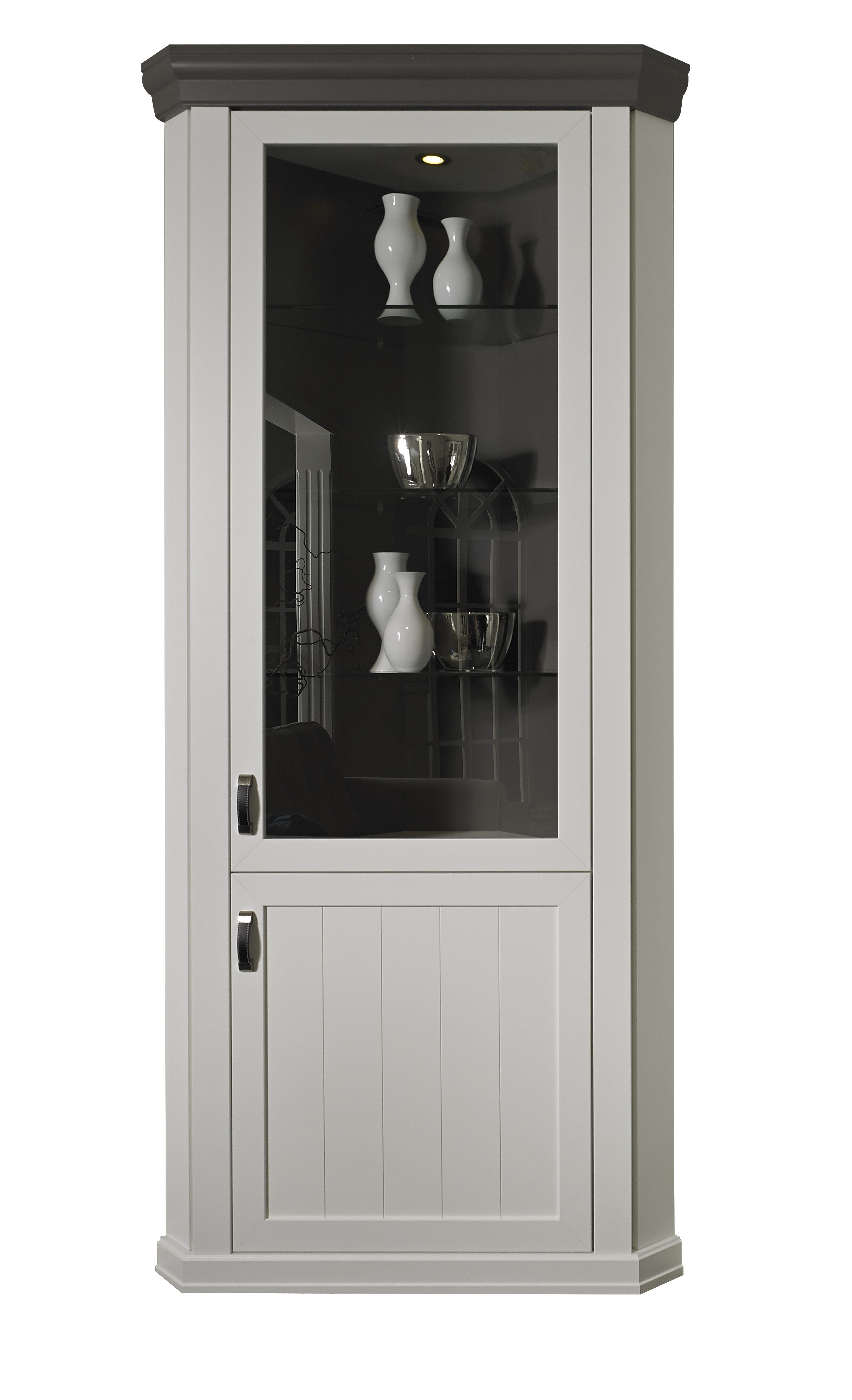 Eckvitrine Sylt Living in Lack weiß/Absatz Lack graphit