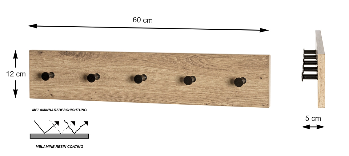 Haku Möbel Garderobenleiste ca. B60 H12 T5 cm in MDF Dekor Eiche hell mit