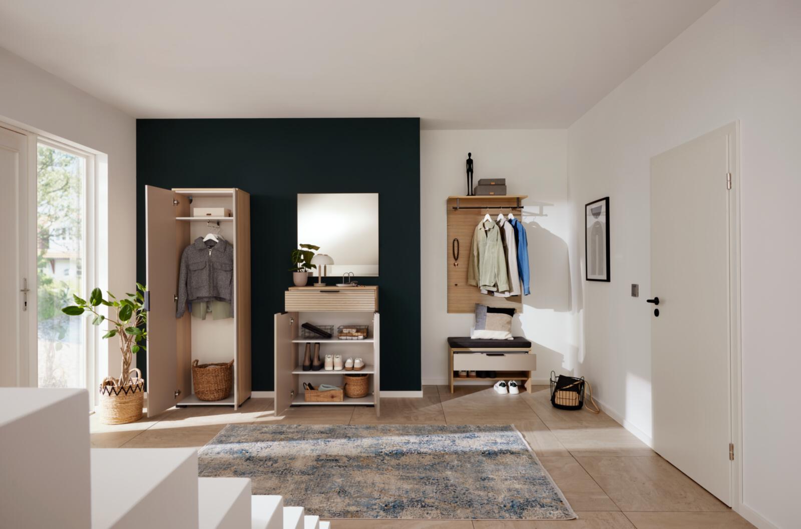 Interliving Garderoben-Bank IL6015 ca.B80 H46 T38 cm in Front 65 Steingrau dekor, Kleiderschrank, Schuhregal, Wandgarderobe, Teppich, Boho-Dekor
