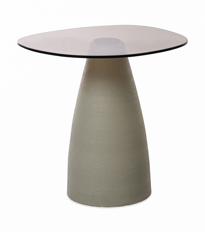 Couchtisch FILO in Platte Sicherheitsglas braun, runde tischplatte, glasplatte, konischer tischfuß, glas-tisch, beige schreibtisch