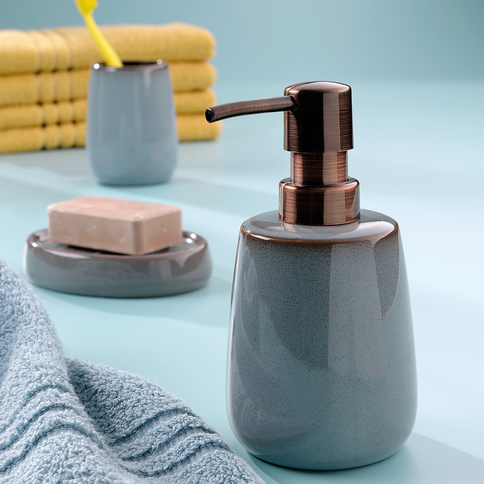 Kela Seifenschale Liana Keramik Blau, Waschmittelspender, Seifenspender, Bronzefarbene Metallic, Keramik, Kosmetikspender