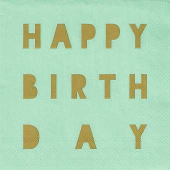 Cocktailserviette HAPPY BIRTHDAY in Happy Birthday, Geburtstagskarte, Text auf Karte, goldener Text, Mintgrün Hintergrund, Happy Birthday